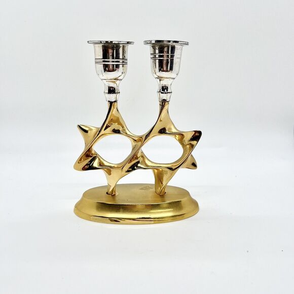 Double Star of David Candle Hold Shabbat Gold Silver Plated Sabbath Judaic 5.5" - Picture 1 of 5